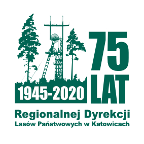 Logo RDLP Katowice z okazji 75 lecia, przedstawia szyb górniczy na tle lasu